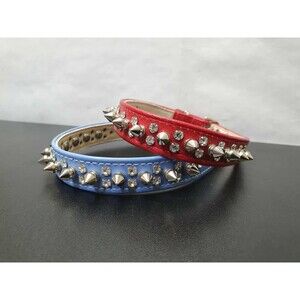 2 Dog Collar Studded & Spikes Rivet Adjustable Faux Leather  1" w Size S